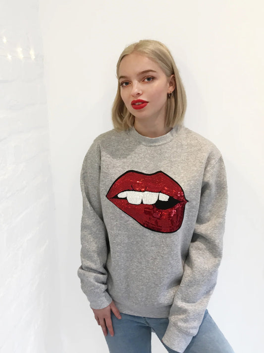Grey Marl Jersey Unisex Sequin Sweater - Lips Mouth Biting Red