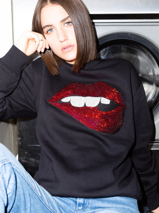 Black Jersey Unisex Sequin Sweater - Lips Mouth Biting - Red