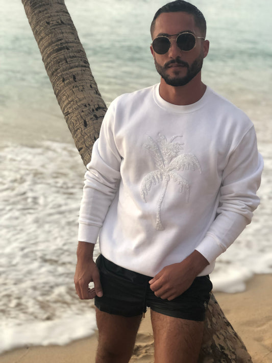 White Jersey Unisex Sequin Sweater - White Palm Tree